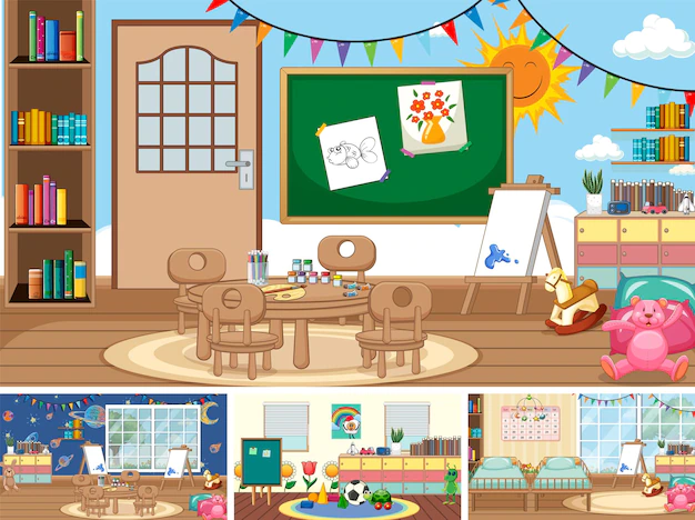 Free Vector | Set of different kindergarten classroom scenes