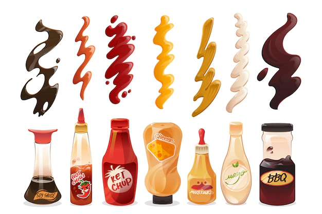 Free Vector | Set of different sauces in bottles and strokes