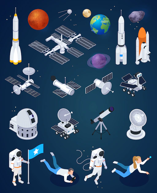 Free Vector | Set of isolated space exploration icons with realistic rockets artificial satellites and planets with human characters vector illustration