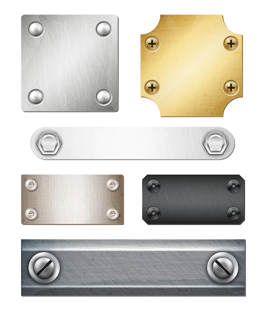 Free Vector | Set of realistic metal plates of various shape and color with fasteners isolated