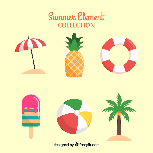 Free Vector | Set of summer elements with food and clothes in flat style