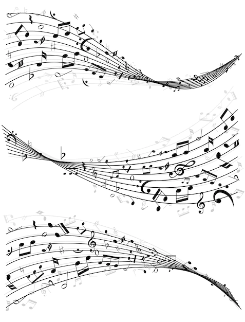 Free Vector | Set of three different wavy lines or staves of random scattered music notes in black and white