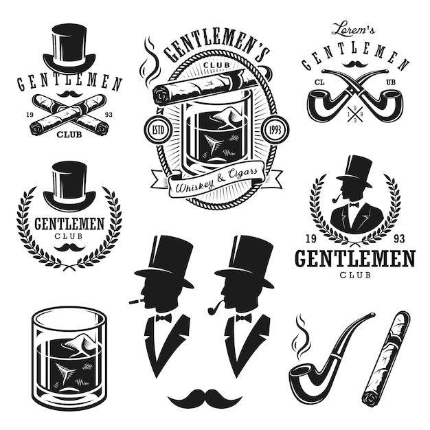 Free Vector | Set of vintage gentlemen emblems, labels, badges and designed elements. monochrome style