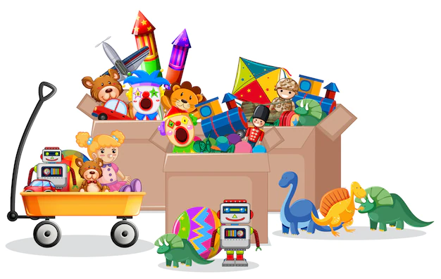 Free Vector | Shelf and box full of toys on white