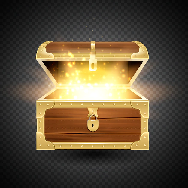 Free Vector | Shine in old wooden chest realistic composition on transparent background with vintage coffer and sparkling particles