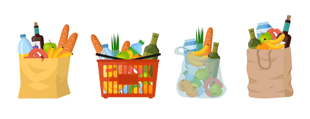 Free Vector | Shopping paper or plastic bags and basket with products such as milk, bread, breakfast food. cartoon illustration set