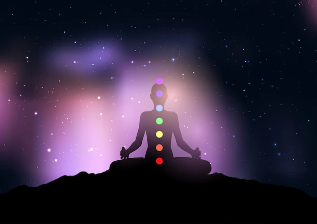 Free Vector | Silhouette of a female with chakra in yoga pose against starry night sky