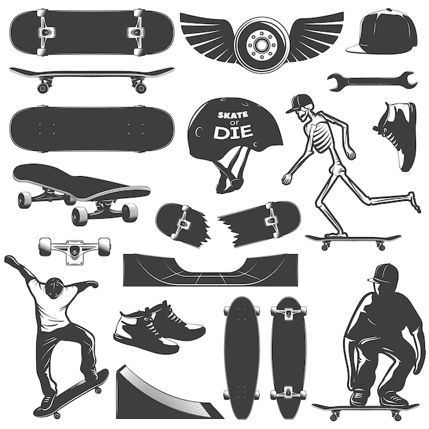 Free Vector | Skateboarding icon set equipment and protection for skater boy isolated and black vector illustration