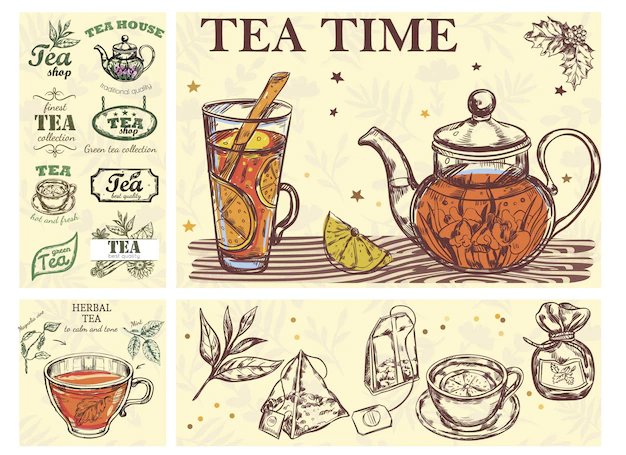 Free Vector | Sketch tea time colorful concept with glass cup teapot of beverage herbs bags and tea labels