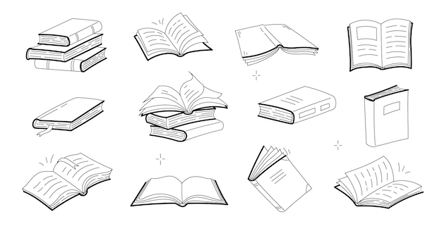 Free Vector | Sketches of open and closed books, stack of textbooks, dictionary or novels with blank covers. vector doodle icons of literature for library, store, university or school isolated on white background