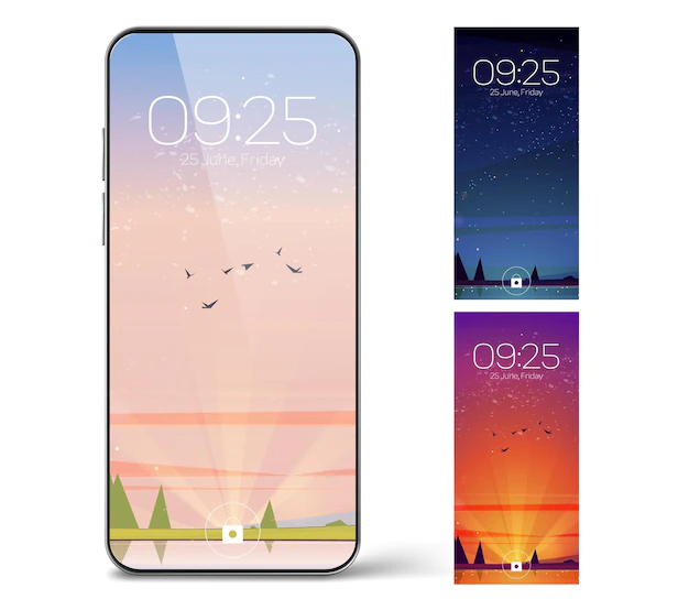Free Vector | Smartphone lock screen with day and night landscape. mobile phone onboard page with date and time, natural wallpapers background for cellphone device, cartoon user interface design set