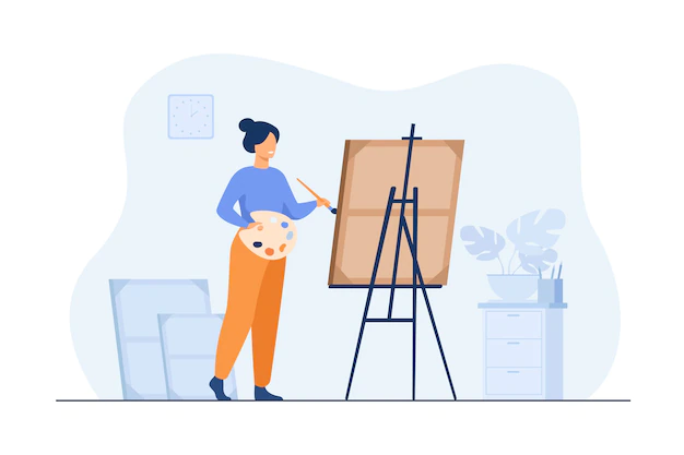 Free Vector | Smiling woman standing near easel and painting flat illustration.