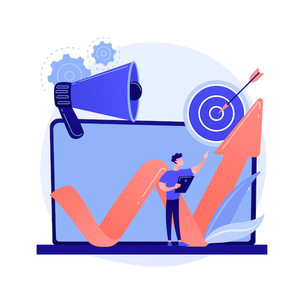 Free Vector | Smm, internet promotion, online advertisement. announcement, market research, sales growth. marketer with laptop and loudspeaker cartoon character.