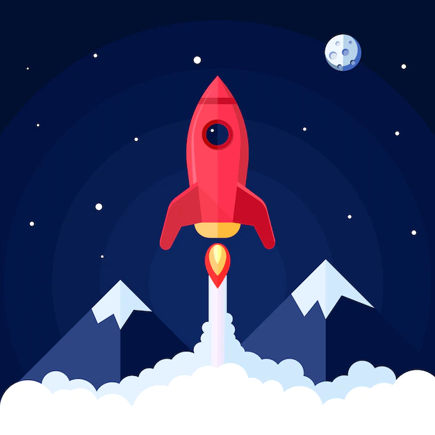 Free Vector | Space poster with rocket launch with mountain landscape on background