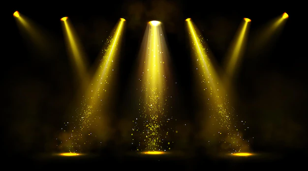 Free Vector | Stage lights, gold spotlight beams with smoke and sparkles.
