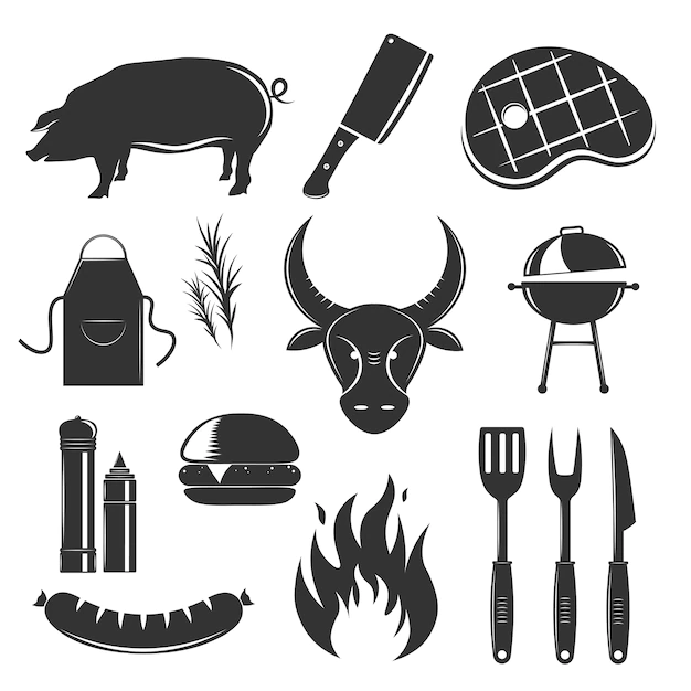 Free Vector | Steakhouse vintage elements collection with isolated silhouette monochrome images of meat products spices sauces and cutlery vector illustration