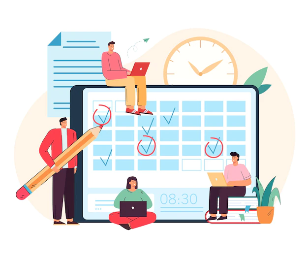 Free Vector | Students or employees adding events or deadlines to calendar app. young people using time organizer or planner flat illustration