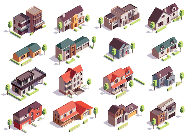 Free Vector | Suburbian buildings isometric composition with sixteen isolated images of modern residential houses with garages and trees