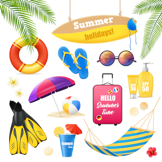 Free Vector | Summer holidays tropical beach vacation accessories realistic images set