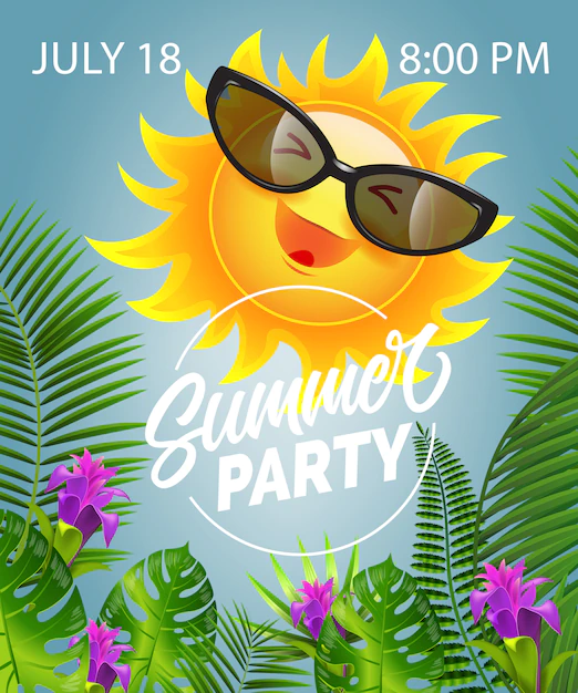 Free Vector | Summer party lettering with smiling sun in sunglasses. summer offer