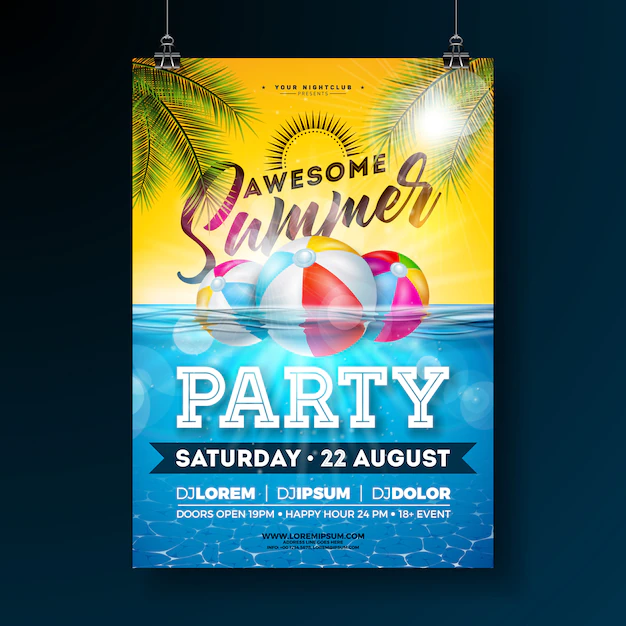 Free Vector | Summer pool party poster design template with palm leaves and beach ball on blue underwater ocean background. holiday illustration for banner, flyer, invitation, poster.
