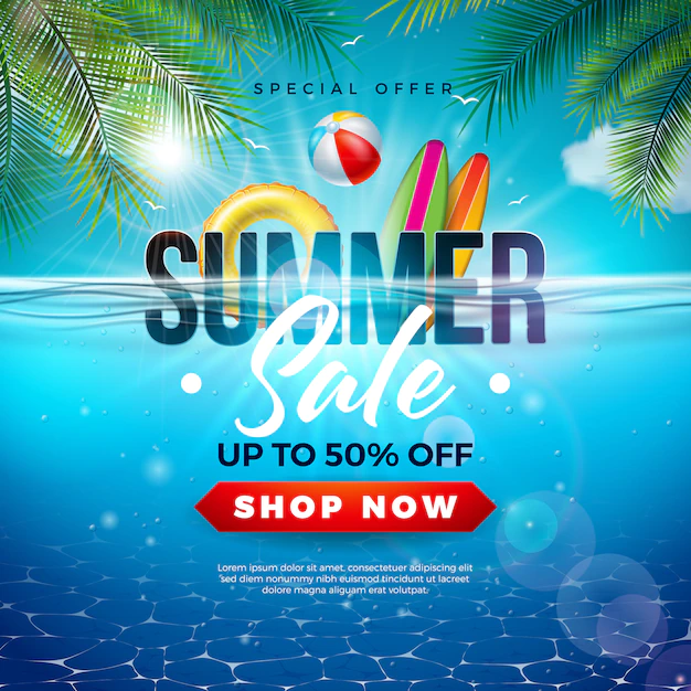 Free Vector | Summer sale design with beach ball and exotic palm leaves on blue ocean background