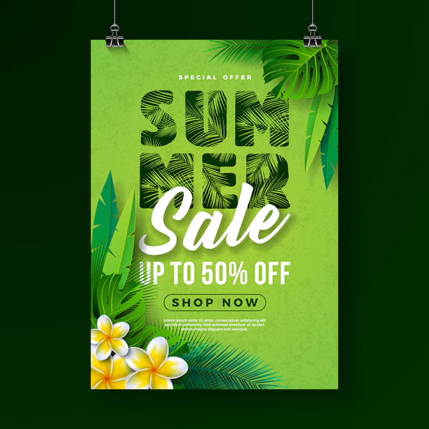 Free Vector | Summer sale poster design template with flower and exotic palm leaves