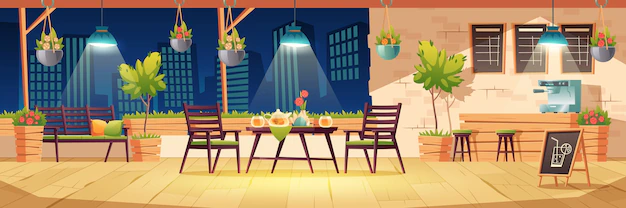Free Vector | Summer terrace, night outdoor city cafe, coffeehouse with wooden table, chairs, illumination and potted plants, chalkboard menu on cityscape view. modern street cafeteria, cartoon illustration