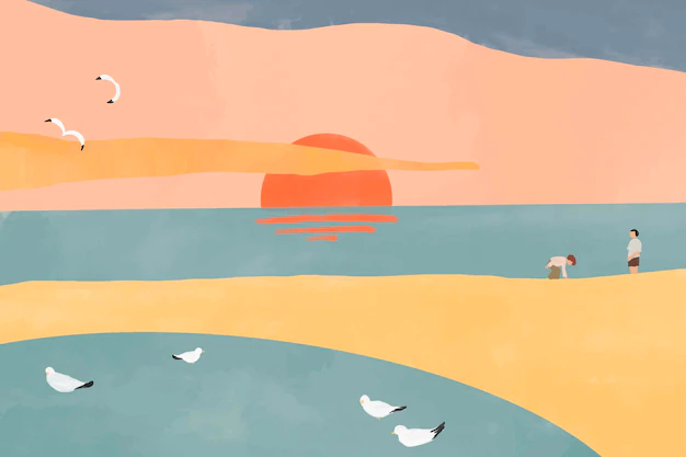 Free Vector | Sunset beach, aesthetic watercolor background vector