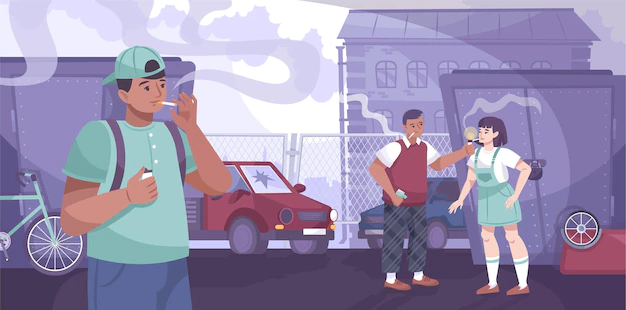 Free Vector | Teenagers smoke flat composition with deprived district scenery and characters of teenagers smoking cigarettes on backstreet illustration