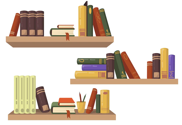 Free Vector | Three wooden bookshelves with various books flat set for web design.