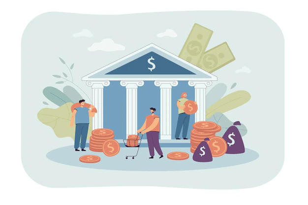 Free Vector | Tiny people depositing or taking money from government bank. flat illustration
