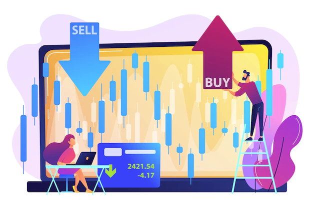 Free Vector | Tiny people stock traders at laptop with graph chart buy and sell shares. stock market index, stockbroking company, stock exchange data concept.