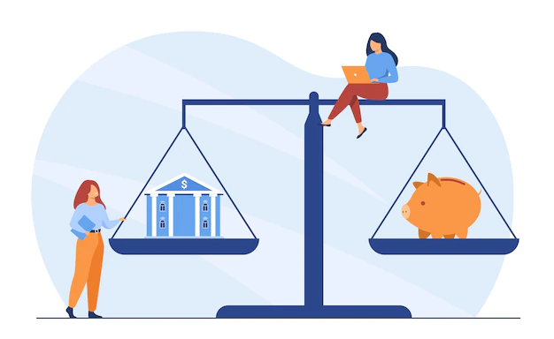 Free Vector | Tiny people with house and piggy bank on scales