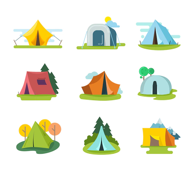 Free Vector | Tourist tents vector set in flat style. recreation adventure, equipment for vacation outdoor, tourism activity illustration