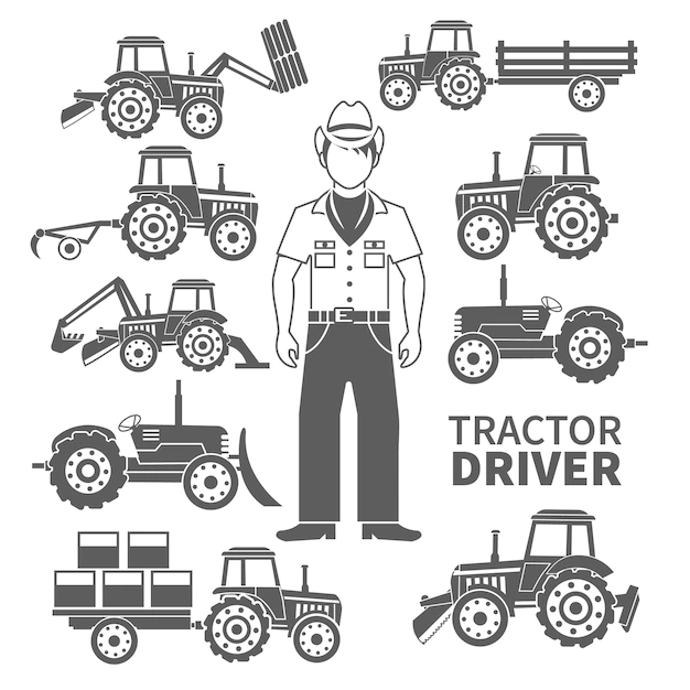 Free Vector | Tractor driver and farm machines decorative icons black set isolated vector illustration