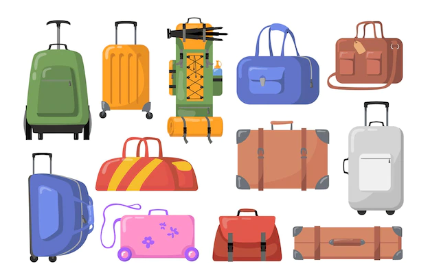 Free Vector | Travel bags set. plastic and metal suitcases with wheels for children or adults, trekking backpacks