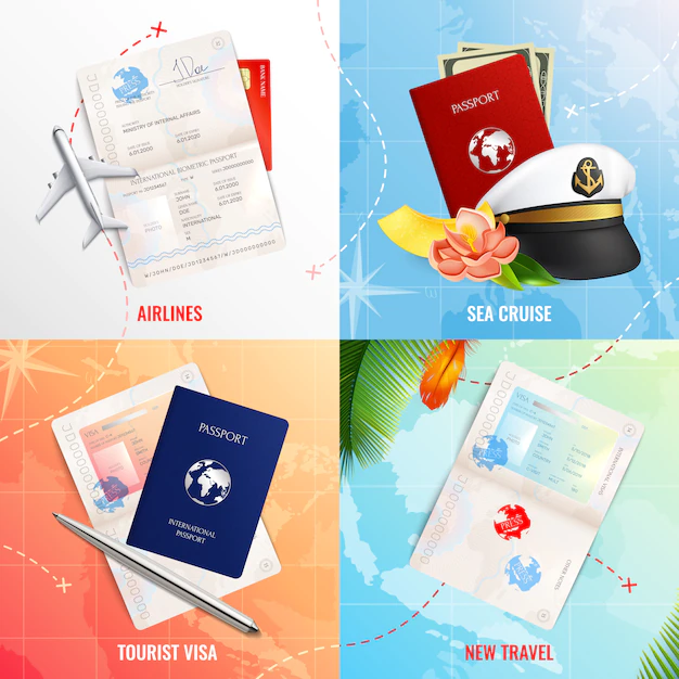 Free Vector | Travel by air and sea 2x2 advertising design concept with biometric passport mockups  and visa stamp realistic icons