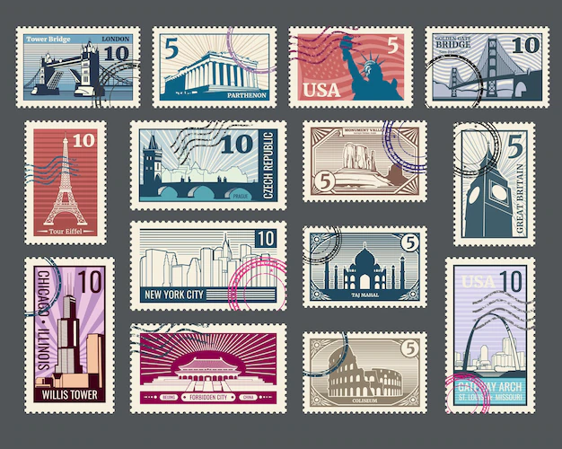 Free Vector | Travel postage stamps with historic architecture and world landmarks.