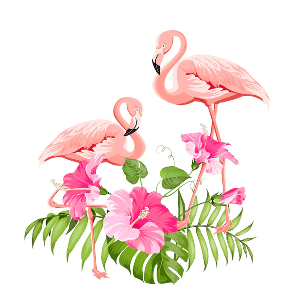 Free Vector | Tropical flower and flamingos on white background. vector illustration.
