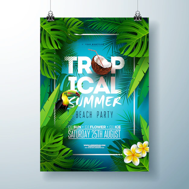 Free Vector | Tropical summer beach party flyer or poster template design with flower, coconut and toucan bird