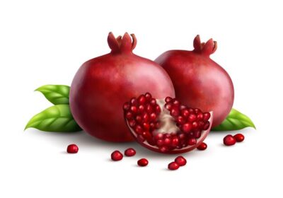 Free Vector | Two fresh ripe whole pomegranates with quarter part and strewn seeds appetizing closeup realistic composition