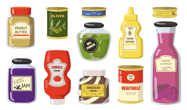 Free Vector | Various canned goods from supermarket flat set