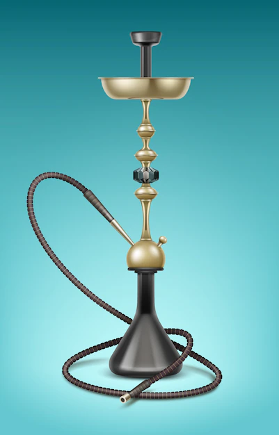 Free Vector | Vector big golden nargile for tobacco smoking made of metal with long hookah hose isolated on blue background