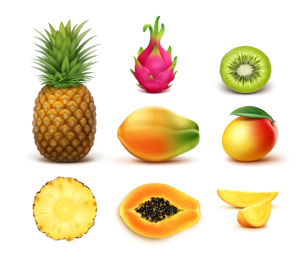 Free Vector | Vector set of whole and half cut tropical fruits pineapple, kiwi, mango, papaya, dragonfruit isolated on white background