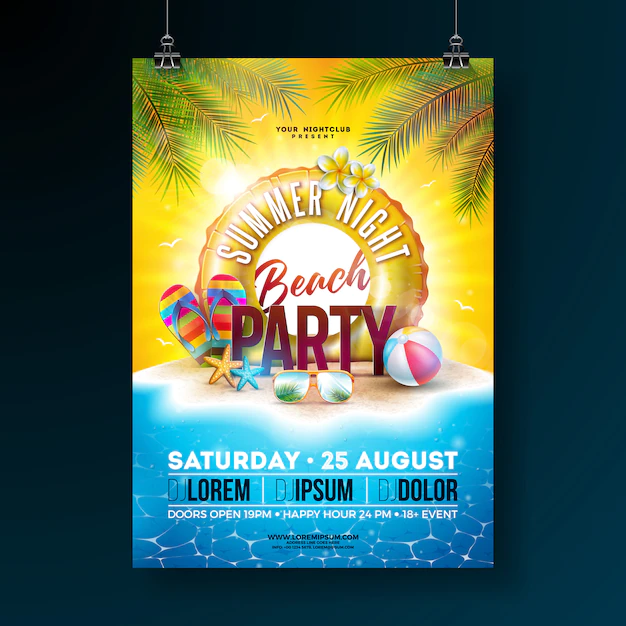 Free Vector | Vector summer night beach party flyer design with tropical palm leaves and float