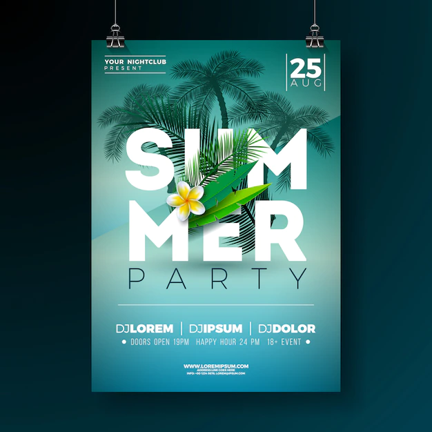 Free Vector | Vector summer party flyer design with flower and tropical palm trees