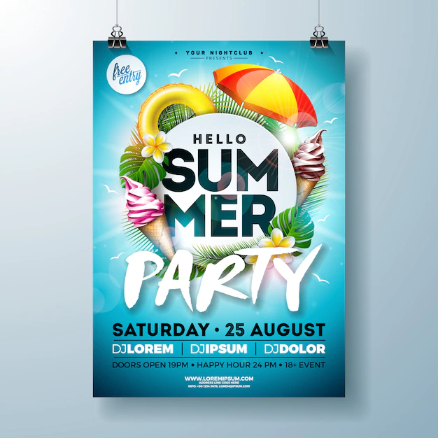 Free Vector | Vector summer party flyer design with sunshade and ice cream