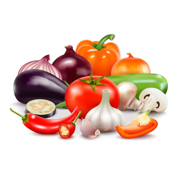 Free Vector | Vegetables realistic composition on white background with tomato onion sweet and hot pepper eggplant