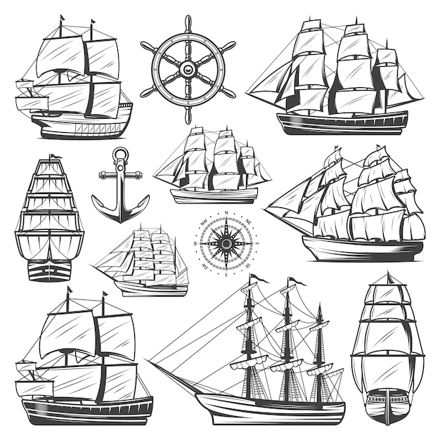 Free Vector | Vintage big ships collection with different vessels boats steering wheel anchor